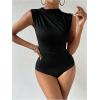 imageMilumia Womens Ruched Tank Top Sleeveless Mock Neck Bodysuit Fitted Jumpsuit TopsSolid Black