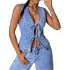 imageMilumia Womens Tie Bow Front Deep V Neck Denim Vest Sleeveless Jean JacketLight Wash