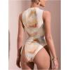 imageMilumia Womens Tie Dye Mesh Bodysuits Sleeveless Mock Neck Ruched Body SuitApricot