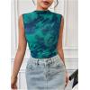 imageMilumia Womens Tie Dye Mesh Bodysuits Sleeveless Mock Neck Ruched Body SuitBlue and Green