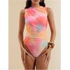 imageMilumia Womens Tie Dye Mesh Bodysuits Sleeveless Mock Neck Ruched Body SuitPink Orange
