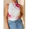 imageMilumia Womens Tie Dye Mesh Bodysuits Sleeveless Mock Neck Ruched Body SuitPink and White