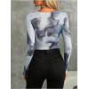imageMilumia Womens Tie Dye Wrap Front Ruched Mesh Tee Bodysuit Long Sleeve Leotard TopsBlue Multi