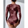 imageMilumia Womens Tie Dye Wrap Front Ruched Mesh Tee Bodysuit Long Sleeve Leotard TopsBurgundy