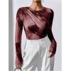 imageMilumia Womens Tie Dye Wrap Front Ruched Mesh Tee Bodysuit Long Sleeve Leotard TopsBurgundy