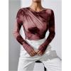 imageMilumia Womens Tie Dye Wrap Front Ruched Mesh Tee Bodysuit Long Sleeve Leotard TopsBurgundy