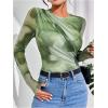 imageMilumia Womens Tie Dye Wrap Front Ruched Mesh Tee Bodysuit Long Sleeve Leotard TopsGreen