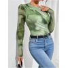 imageMilumia Womens Tie Dye Wrap Front Ruched Mesh Tee Bodysuit Long Sleeve Leotard TopsGreen
