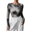 imageMilumia Womens Tie Dye Wrap Front Ruched Mesh Tee Bodysuit Long Sleeve Leotard TopsGrey