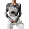 imageMilumia Womens Tie Dye Wrap Front Ruched Mesh Tee Bodysuit Long Sleeve Leotard TopsGrey