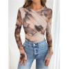imageMilumia Womens Tie Dye Wrap Front Ruched Mesh Tee Bodysuit Long Sleeve Leotard TopsLight Brown