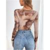 imageMilumia Womens Tie Dye Wrap Front Ruched Mesh Tee Bodysuit Long Sleeve Leotard TopsLight Brown