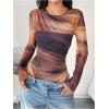 imageMilumia Womens Tie Dye Wrap Front Ruched Mesh Tee Bodysuit Long Sleeve Leotard TopsMulti Brown