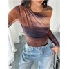 imageMilumia Womens Tie Dye Wrap Front Ruched Mesh Tee Bodysuit Long Sleeve Leotard TopsMulti Brown