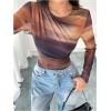 imageMilumia Womens Tie Dye Wrap Front Ruched Mesh Tee Bodysuit Long Sleeve Leotard TopsMulti Brown