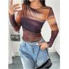 imageMilumia Womens Tie Dye Wrap Front Ruched Mesh Tee Bodysuit Long Sleeve Leotard TopsMulti Brown
