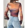 imageMilumia Womens Tie Dye Wrap Front Ruched Mesh Tee Bodysuit Long Sleeve Leotard TopsMulti Brown