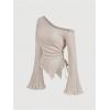 imageMilumia Womens Y2K One Off The Shoulder Fitted Knit Top Asymmetrical Bell Long Sleeve TopApricot