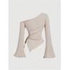 imageMilumia Womens Y2K One Off The Shoulder Fitted Knit Top Asymmetrical Bell Long Sleeve TopApricot