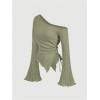 imageMilumia Womens Y2K One Off The Shoulder Fitted Knit Top Asymmetrical Bell Long Sleeve TopArmy Green