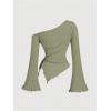 imageMilumia Womens Y2K One Off The Shoulder Fitted Knit Top Asymmetrical Bell Long Sleeve TopArmy Green