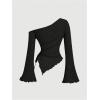 imageMilumia Womens Y2K One Off The Shoulder Fitted Knit Top Asymmetrical Bell Long Sleeve TopBlack
