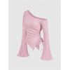 imageMilumia Womens Y2K One Off The Shoulder Fitted Knit Top Asymmetrical Bell Long Sleeve TopPink