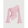 imageMilumia Womens Y2K One Off The Shoulder Fitted Knit Top Asymmetrical Bell Long Sleeve TopPink