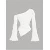 imageMilumia Womens Y2K One Off The Shoulder Fitted Knit Top Asymmetrical Bell Long Sleeve TopWhite