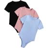 imageMilumia Girls 3 Pack Ribbed Knit Bodysuits V Neck Short Sleeve Lettuce Trim Romper Jumpsuit TopsPink Blue Black