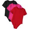 imageMilumia Girls 3 Pack Ribbed Knit Bodysuits V Neck Short Sleeve Lettuce Trim Romper Jumpsuit TopsRed Pink Black