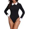 imageMilumia Women Colorblock Rib Knit Long Sleeve Doll Collar Keyhole Back Bodysuit Shirt TopA Black