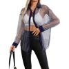 imageMilumia Women Striped Mesh Sheer Button Up Shirt Long Sleeve Drop Shoulder Blouse TopDark Blue