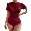 imageMilumia Womens Casual Ruched Mock Neck T Shirt Short Sleeve Tee Bodysuit JumpsuitBurgundy