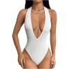 imageMilumia Womens Deep V Neck Halter Bodysuit Backless Slim Fit Sexy TopWhite