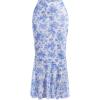 imageMilumia Womens Floral Mesh Ruffle Hem Maxi Skirt High Waisted Fishtail Long SkirtsBlue and White