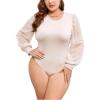 imageMilumia Womens Plus Size Crew Neck Mesh Long Sleeve Bodysuit Leotards Shirts JumpsuitApricot