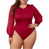 imageMilumia Womens Plus Size Crew Neck Mesh Long Sleeve Bodysuit Leotards Shirts JumpsuitRed