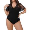 imageMilumia Womens Plus Size Lace Sheer Mesh Bodysuit Short Sleeve Shapewear Jumpsuit Going Out TopBlack