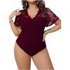imageMilumia Womens Plus Size Lace Sheer Mesh Bodysuit Short Sleeve Shapewear Jumpsuit Going Out TopBurgundy