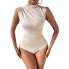 imageMilumia Womens Ruched Tank Top Sleeveless Mock Neck Bodysuit Fitted Jumpsuit TopsApricot