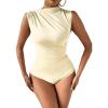 imageMilumia Womens Ruched Tank Top Sleeveless Mock Neck Bodysuit Fitted Jumpsuit TopsButter Yellow