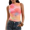 imageMilumia Womens Tie Dye Mesh Bodysuits Sleeveless Mock Neck Ruched Body SuitPink Orange