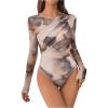 imageMilumia Womens Tie Dye Wrap Front Ruched Mesh Tee Bodysuit Long Sleeve Leotard TopsLight Brown