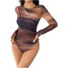 imageMilumia Womens Tie Dye Wrap Front Ruched Mesh Tee Bodysuit Long Sleeve Leotard TopsMulti Brown