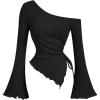 imageMilumia Womens Y2K One Off The Shoulder Fitted Knit Top Asymmetrical Bell Long Sleeve TopBlack