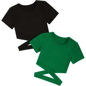 imageMilumia Girls 2 Piece Cut Out Crisscross Tee Crop Tops Short Sleeve Round Neck T ShirtsBlack and Dark Green
