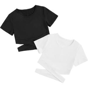 imageMilumia Girls 2 Piece Cut Out Crisscross Tee Crop Tops Short Sleeve Round Neck T ShirtsBlack and White