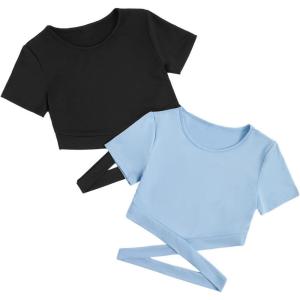 imageMilumia Girls 2 Piece Cut Out Crisscross Tee Crop Tops Short Sleeve Round Neck T ShirtsBlue and Black