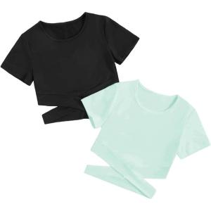 imageMilumia Girls 2 Piece Cut Out Crisscross Tee Crop Tops Short Sleeve Round Neck T ShirtsGreen and Black